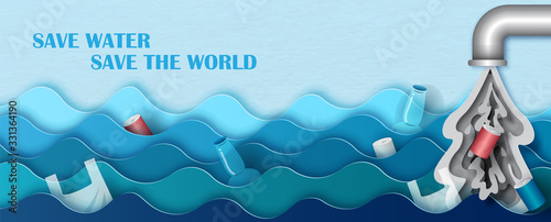 Closeup and crop junk on the Ocean wave with factory pipeline and waste water and slogan on blue background. "World water day" campaign in paper cut style and vector banner design.