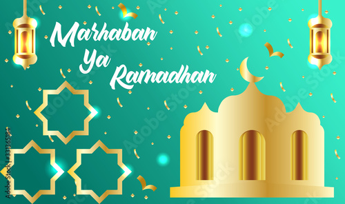 Happy Ramadan Kareem banner, greeting card design with islamic lanterns, stars and moon on gold. Vector illustration