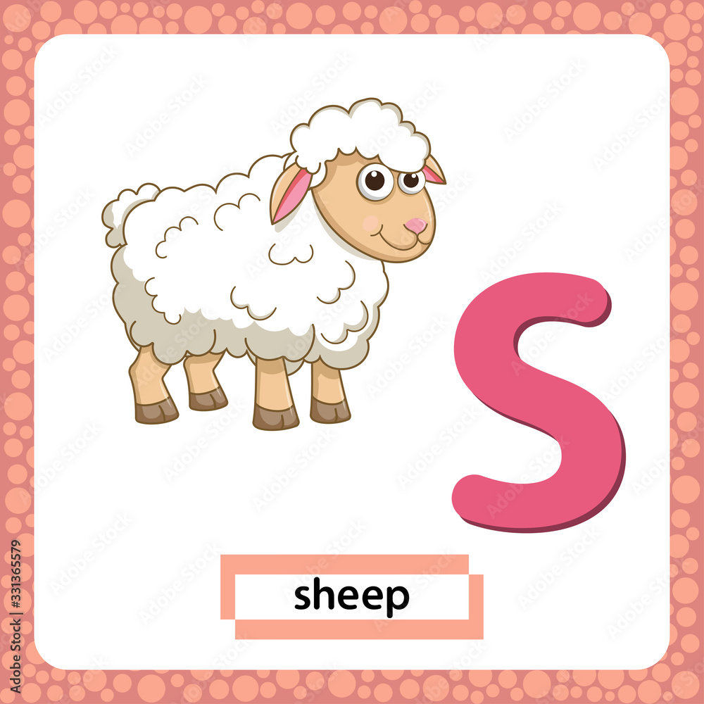 Obraz premium Letter S lowercase with cute cartoon Sheep or Lamb isolated on white background. Funny colorful flashcard Zoo and animals ABC alphabet. Education card for kids learning English vocabulary. VectorEPS10