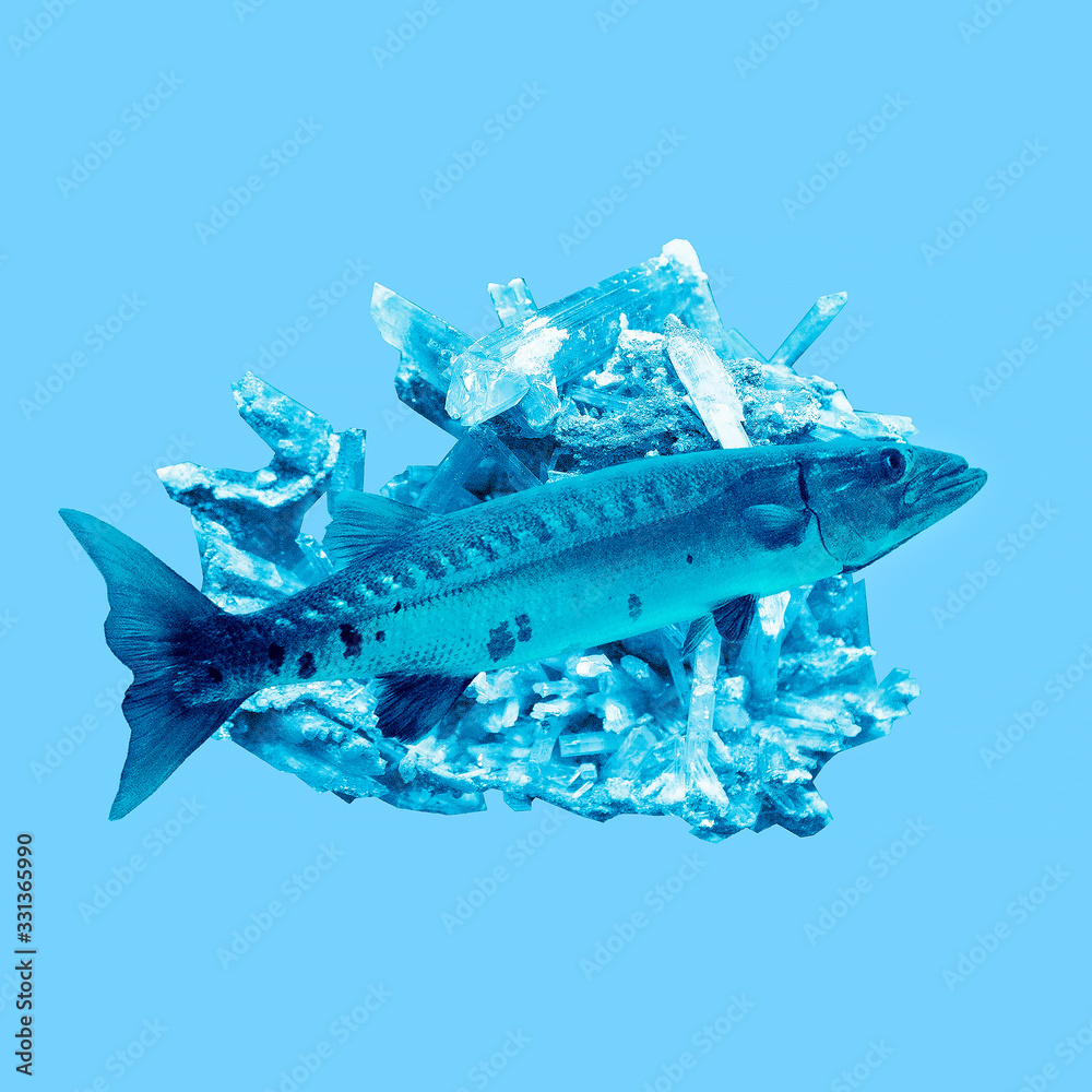 Naklejka premium Contemporary art collage. Fish and ice crystals blue background