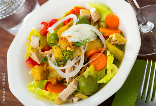 Salad with chicken, eggplants, greens