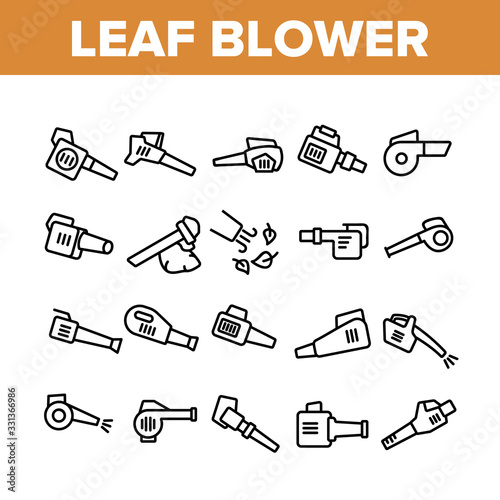 Leaf Blower Equipment Collection Icons Set Vector. Leaf Blower Electronic Device, Cleaning Blowing Tool Machine, Gardening Appliance Concept Linear Pictograms. Monochrome Contour Illustrations