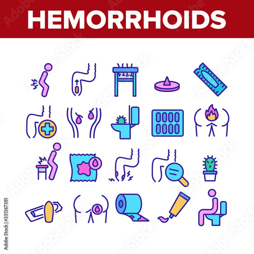 Hemorrhoids Disease Collection Icons Set Vector. Hemorrhoids Ache And Pain, Inflammation And Treatment Pills, Paper Roll And Cream Concept Linear Pictograms. Color Contour Illustrations