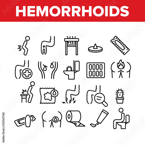 Hemorrhoids Disease Collection Icons Set Vector. Hemorrhoids Ache And Pain, Inflammation And Treatment Pills, Paper Roll And Cream Concept Linear Pictograms. Monochrome Contour Illustrations photo