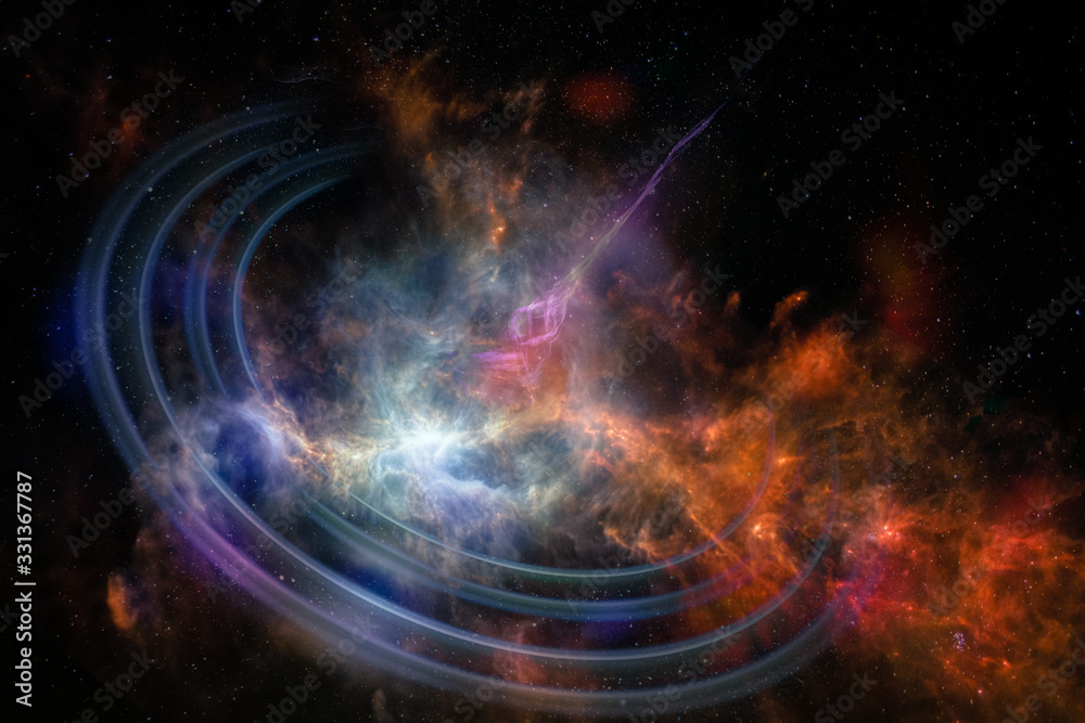 Fototapeta premium Collage on space, science. Fantastic black hole with rings in outer space. Elements of this image furnished by NASA.