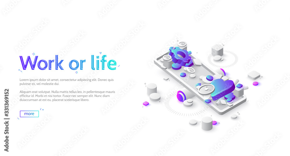 Work or life balance isometric landing page. Heart and gears lying on scales. Choice between job or house, career or family, business or love, finace stability and soul peace, 3d vector web banner Work or life balance isometric landing page. Heart and gears lying on scales. Choice between job or house, career or family, business or love, finace stability and soul peace, 3d vector web banner