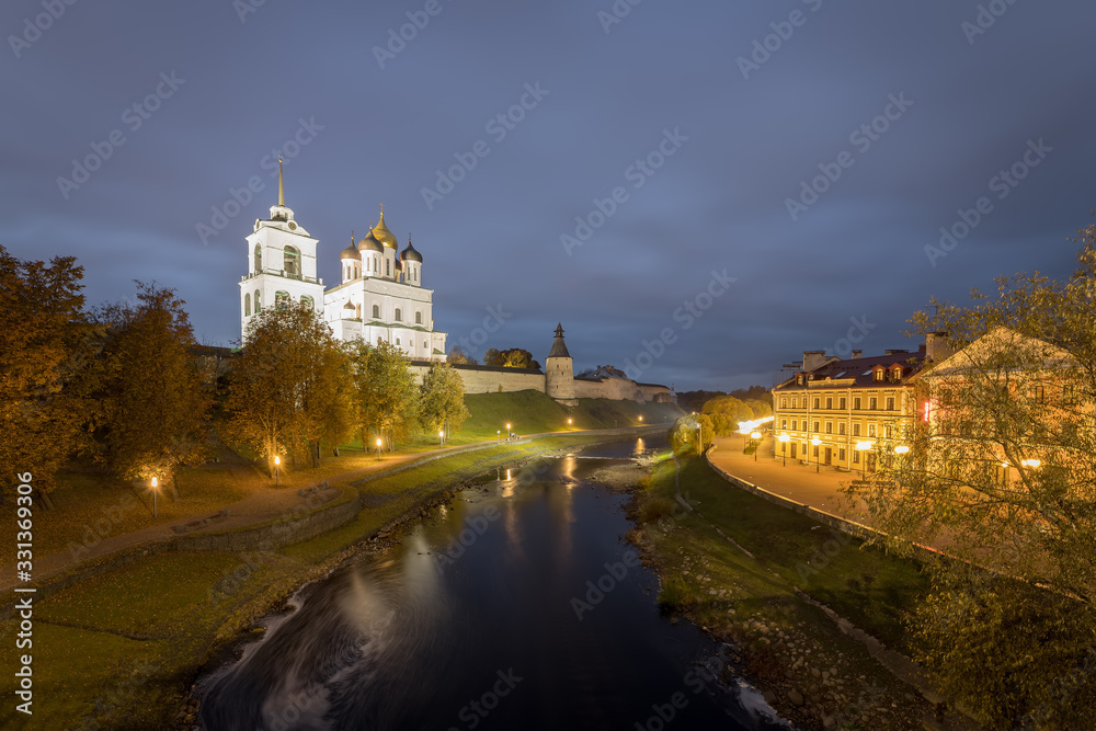 The banks of the Pskova river and the Pskov Kremlin. Trinity cathedral, Pskov, Russia