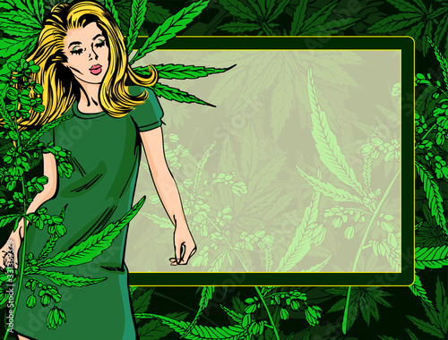 Beautiful woman dance. Marijuana leafs backdrop. Cannabis leafs background. Vector image. Design template with frame.