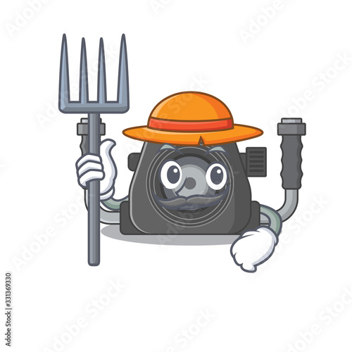 Underwater camera in Farmer cartoon character with hat and pitchfork