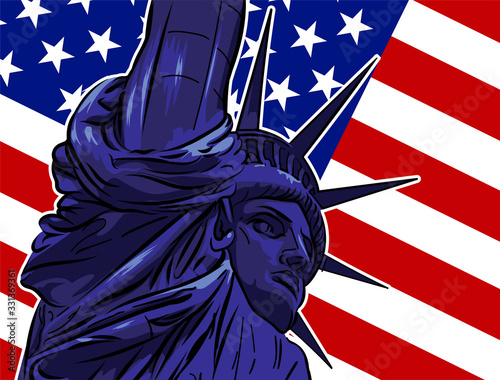 Fototapeta Statue of Liberty. USA flag. Copy spase. Vector image 