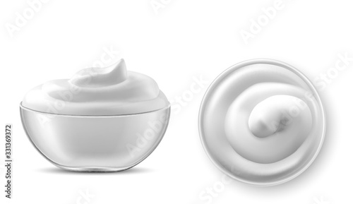 Bowl with sauce, cream, mayonnaise or yogurt. Glass cup with fresh dairy product, creamy cheese, sour or sweet mousse with swirl isolated on white background, realistic 3d vector illustration