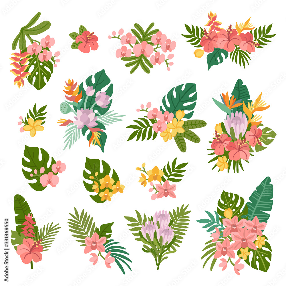Tropical set of 15 flowers bouquets. Composed of palm leaves and exotic flowers: orchid, hibiscus, strelizia, plumeria, lotus, protea. Vector illustration.