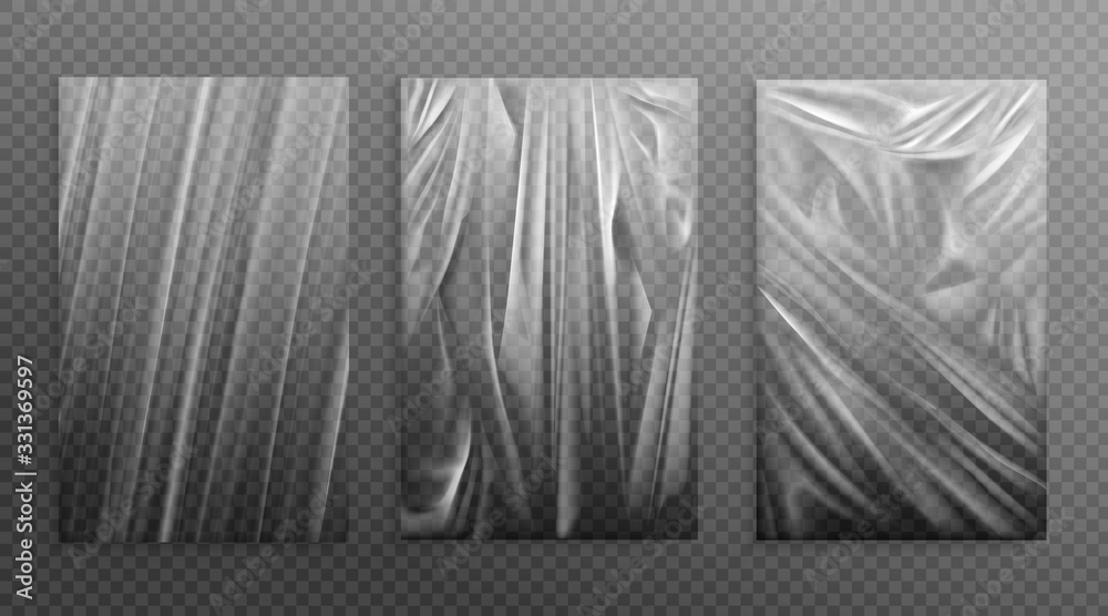 Stretched cellophane banner, realistic crumpled or folded texture vector illustration. Clear transparent polyethylene top of plastic container, tape or elastic wrapping paper for food or snacks bag Stretched cellophane banner, realistic crumpled or folded texture vector illustration. Clear transparent polyethylene top of plastic container, tape or elastic wrapping paper for food or snacks bag