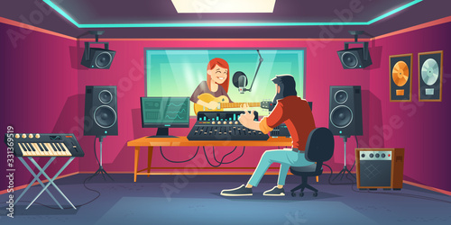 Singer in recording studio. Singing woman in artist booth with equipment and window, sound engineer in control room with tools for capturing, mixing and mastering music. Cartoon vector illustration