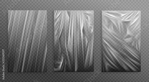 Stretched cellophane banner, realistic crumpled or folded texture vector illustration. Clear transparent polyethylene top of plastic container, tape or elastic wrapping paper for food or snacks bag