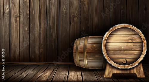 Wood barrels for wine or beer. Cask from oak wood on stand in cellar of brewery or winery. Vector realistic interior of wooden room with keg for whiskey, rum or cognac