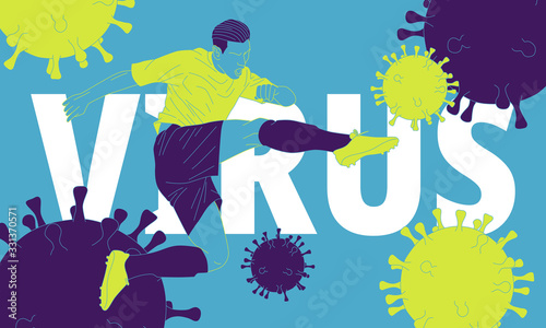 Illustration of a male footballer kicking the deadly virus coming to him