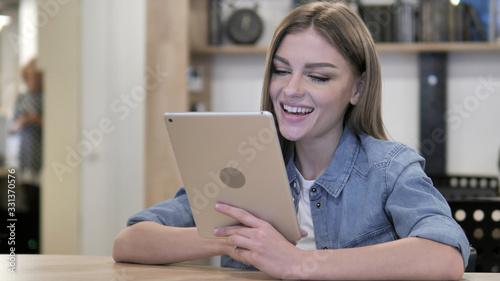 Online Video Chat on Tablet by Happy Girl, Talking