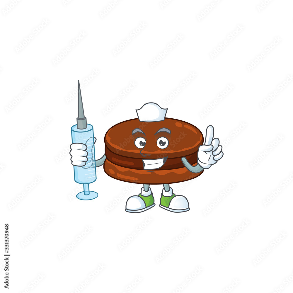 A pleasant nurse of chocolate alfajor mascot design style using syringe A pleasant nurse of chocolate alfajor mascot design style using syringe
