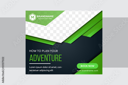 Abstract horizontal banner for web page advertising with space for photo on top. horizontal layout use adventure for sample of text. The colors are light green and black gradient. 