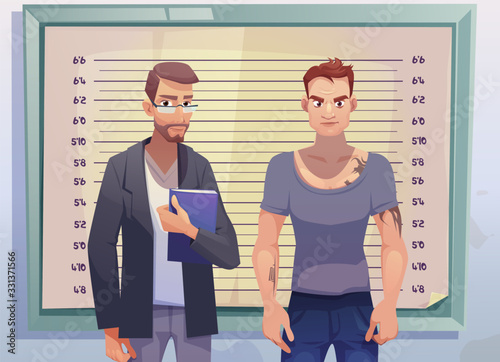 Criminal and lawyer or investigator stand on measuring scale background in police station. Arrested man gangster with tattooed body posing for identification mugshot photo. Cartoon vector illustration