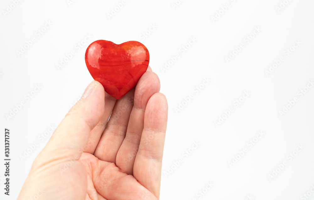 Fototapeta premium Red heart held in hand, white background and copy space