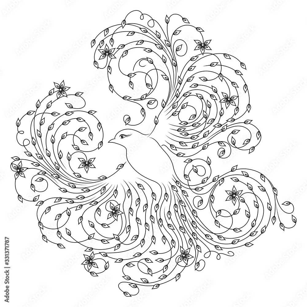 Fototapeta premium Black outline of adorable floral bird