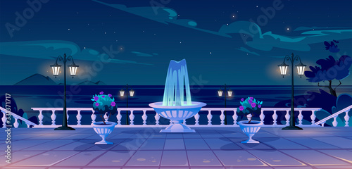 Summer seafront at night time, empty quay with ocean view, fountain, decorative trees, street lamps and vintage fence. Sea nighttime landscape with promenade on resort, Cartoon vector illustration