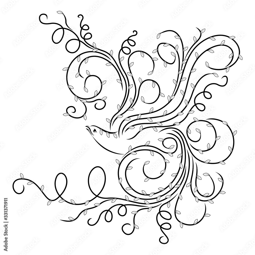 Fototapeta premium Black outline of abstract floral bird