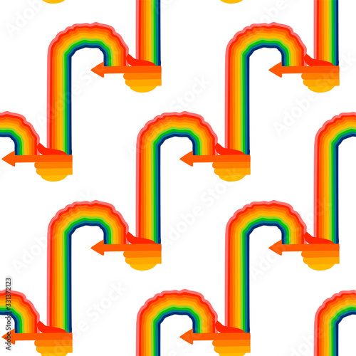 Abstract pattern of warm colored hands with arrow tipped forefingers and rainbows growingout of it