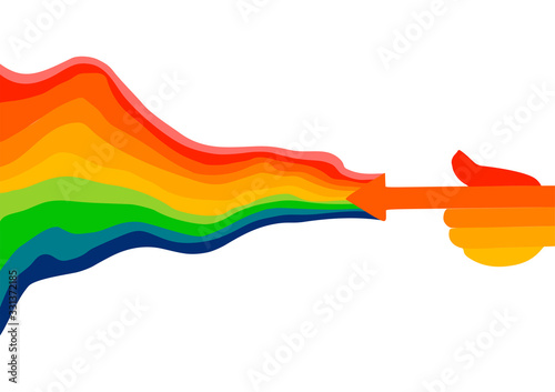 Warm colored hands with arrow tipped forefingers and rainbows flowing out of it