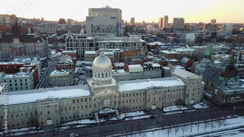 aerial bonsecours market under the snow at sunrise montreal from above photo