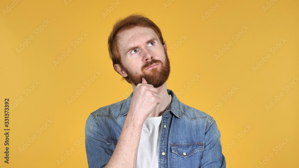 Thinking Redhead Man Got New Idea Isolated on Yellow Background Thinking Redhead Man Got New Idea Isolated on Yellow Background