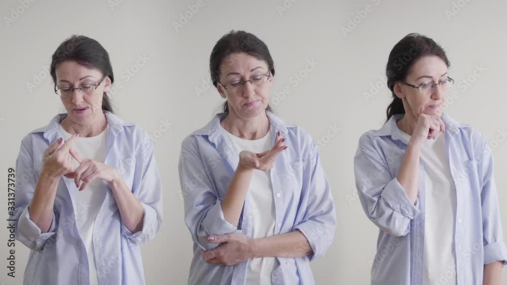 Portrait of adult brunette Caucasian woman in eyeglasses thinking. Triple image of same person deciding on important issue. Lifestyle, decision-making, thoughts. Portrait of adult brunette Caucasian woman in eyeglasses thinking. Triple image of same person deciding on important issue. Lifestyle, decision-making, thoughts.
