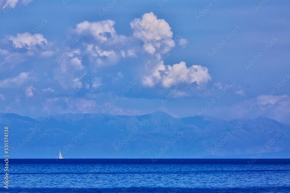 sailboatр, sea, mountain, clouds