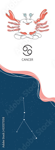 Zodiac background. Cancer constellation. The element of water. One line. Minimalistic graphics.