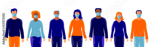 Group of people wearing protection medical face mask to protect and prevent virus, disease, flu, air pollution, contamination, corona. Many ages of old man woman. Isolated vector illustration on white