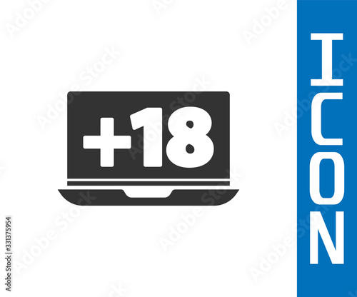 Grey Laptop with 18 plus content icon isolated on white background. Age restriction symbol. Adult channel. Vector Illustration