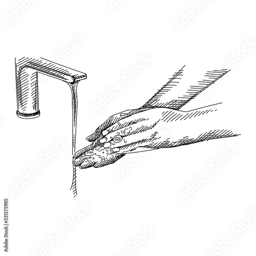 Hand-drawn sketch of hands washing with soap under the tap.  Protective measures against coronavirus/COVID-19