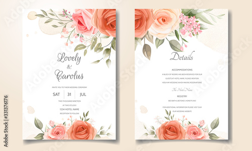 Wedding invitation card set template with beautiful floral frame