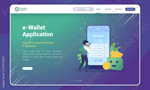 e-Wallet application concept, digital wallet illustration on landing page template