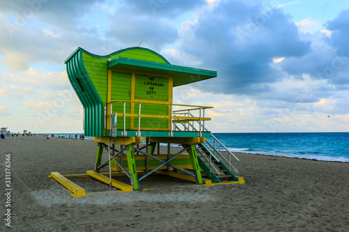 Miami, USA - October 25, 2019: Life Guard Station on the Sandy Beach