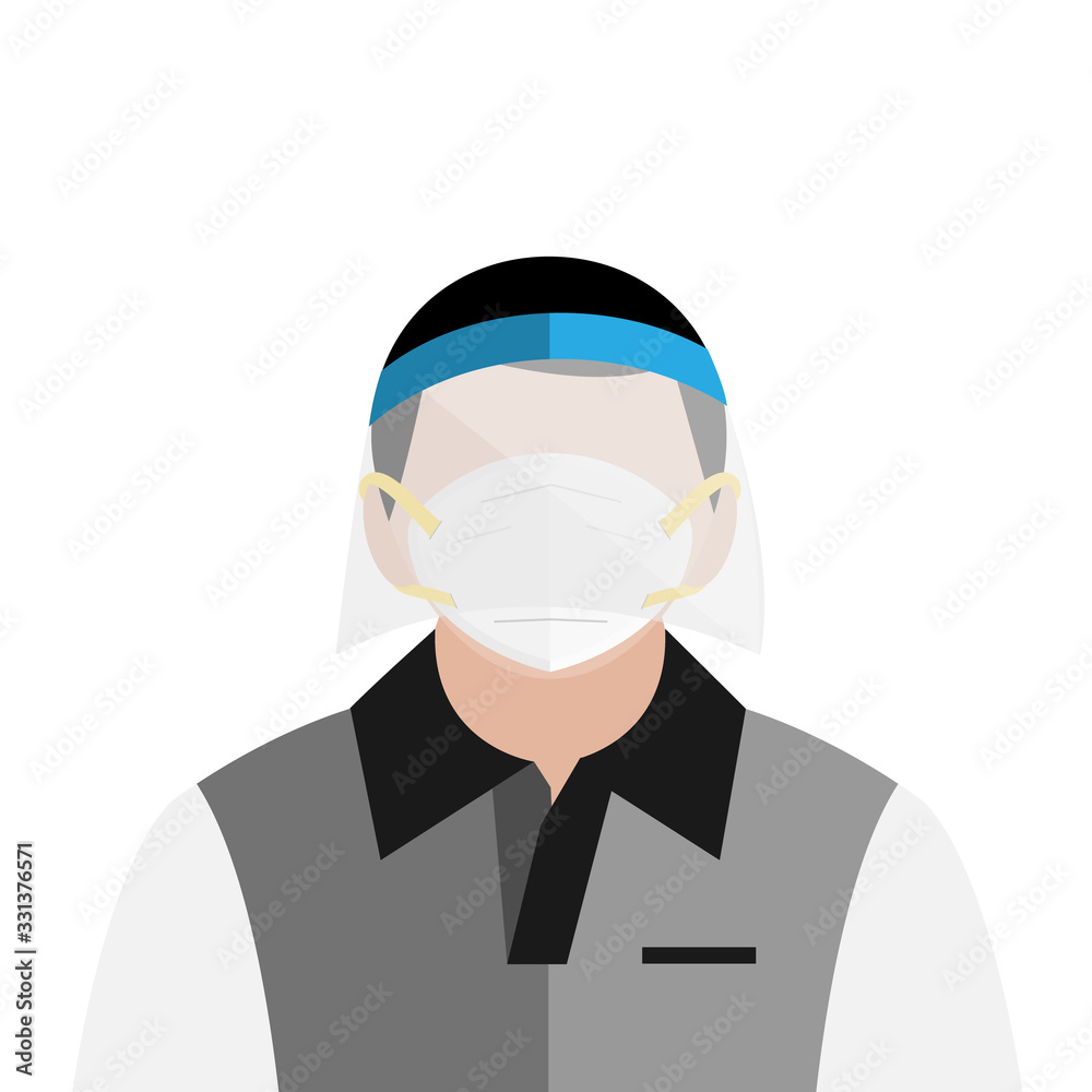 An employee man wear hygienic mask and anti-saliva clear plastic sanitary mask to protect virus infection and secretions vector isolate on white background An employee man wear hygienic mask and anti-saliva clear plastic sanitary mask to protect virus infection and secretions vector isolate on white background