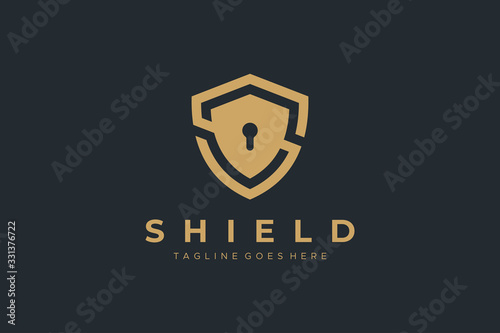 Gold Letter S Shield with Keyhole inside. Security Logo Protection Symbol Vector Logo Design