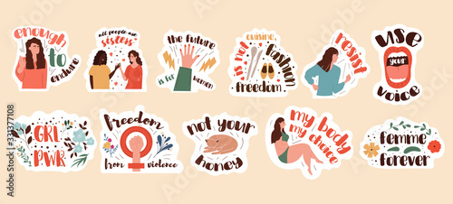 Set of vector stickers with motivational positive feminism slogans of women rights and body positive movement. Collection of phrases and drawn images in flat cartoon design