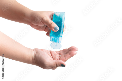 women using alcohol gel clean wash hand sanitizer anti virus bacteria dirty skin care antibacterial and Virus COVID-19. on white background and clipping path
