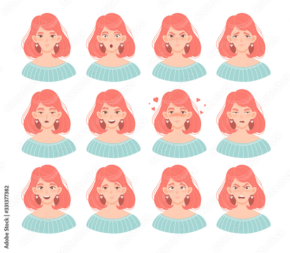 Set of twelve female face emoticons with an attractive redhead woman showing a variety of emotions and expressions isolated on white, vector illustration Set of twelve female face emoticons with an attractive redhead woman showing a variety of emotions and expressions isolated on white, vector illustration