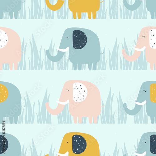 Happy elephants, hand drawn backdrop. Colorful seamless pattern with animals. Decorative cute wallpaper, good for printing. Overlapping background vector