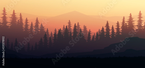 Nature forest Natural Pine forest mountains horizon. Landscape wallpaper. Sunrise and sunset. Illustration vector style colorful view background. photo