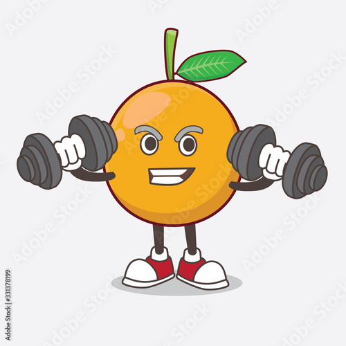 African Mangosteen cartoon mascot character on fitness exercise trying barbells